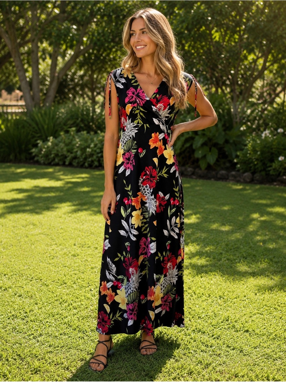 Floral Black Maxi Coastal Cowgirl Dress with adjustable cap sleeves small